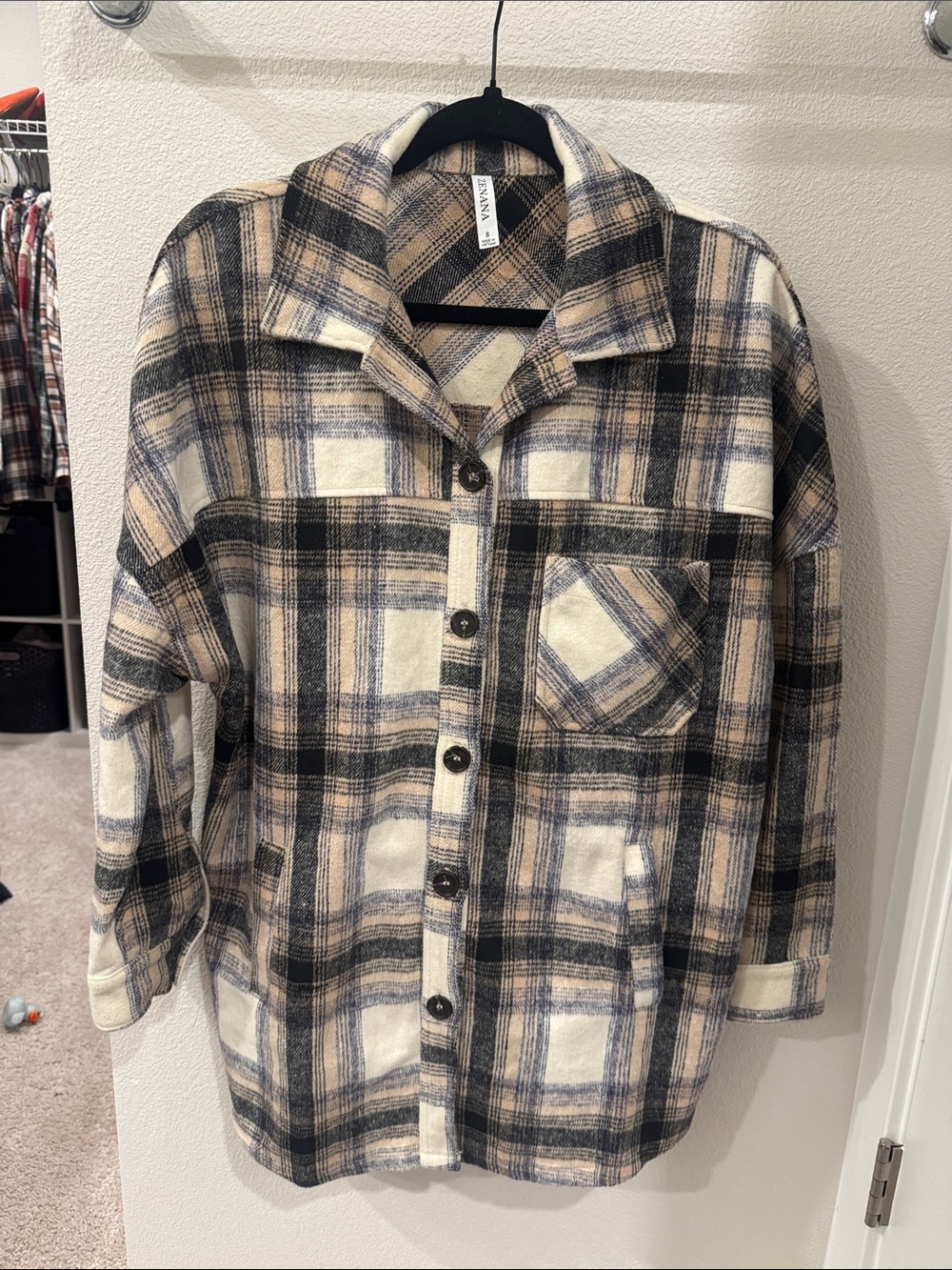 Zenana Outfitters Plaid Shacket - Cream, Black & Tan